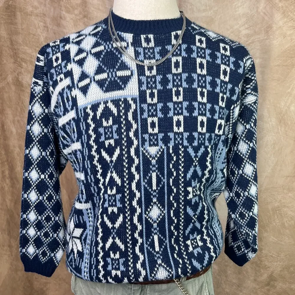 Vintage Geometric Sweater 80s Argyle Diamond Knit Blue White Eclectic Grandpa